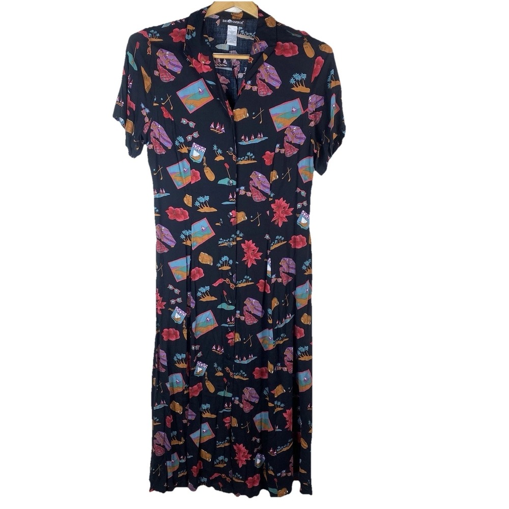 Vtg 90s Sag Harbor Dress Midi/Maxi Sz 18 Vacation Novelty All Over Print Prairie